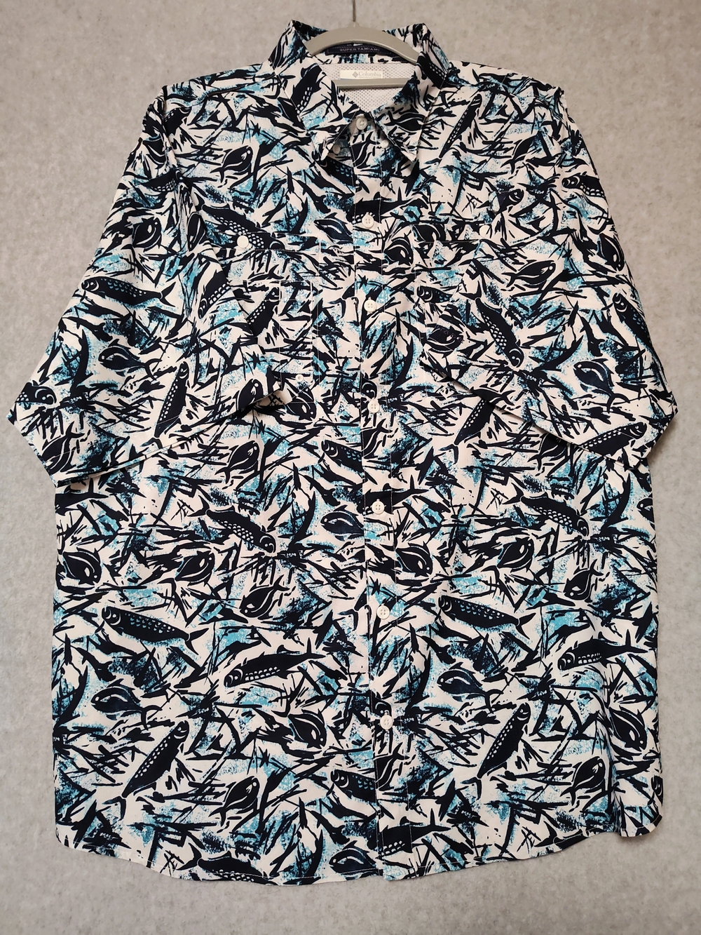 Columbia PFG Super Tamiami Vented Fishing Shirt AOP Fish Print Sport Casual XL